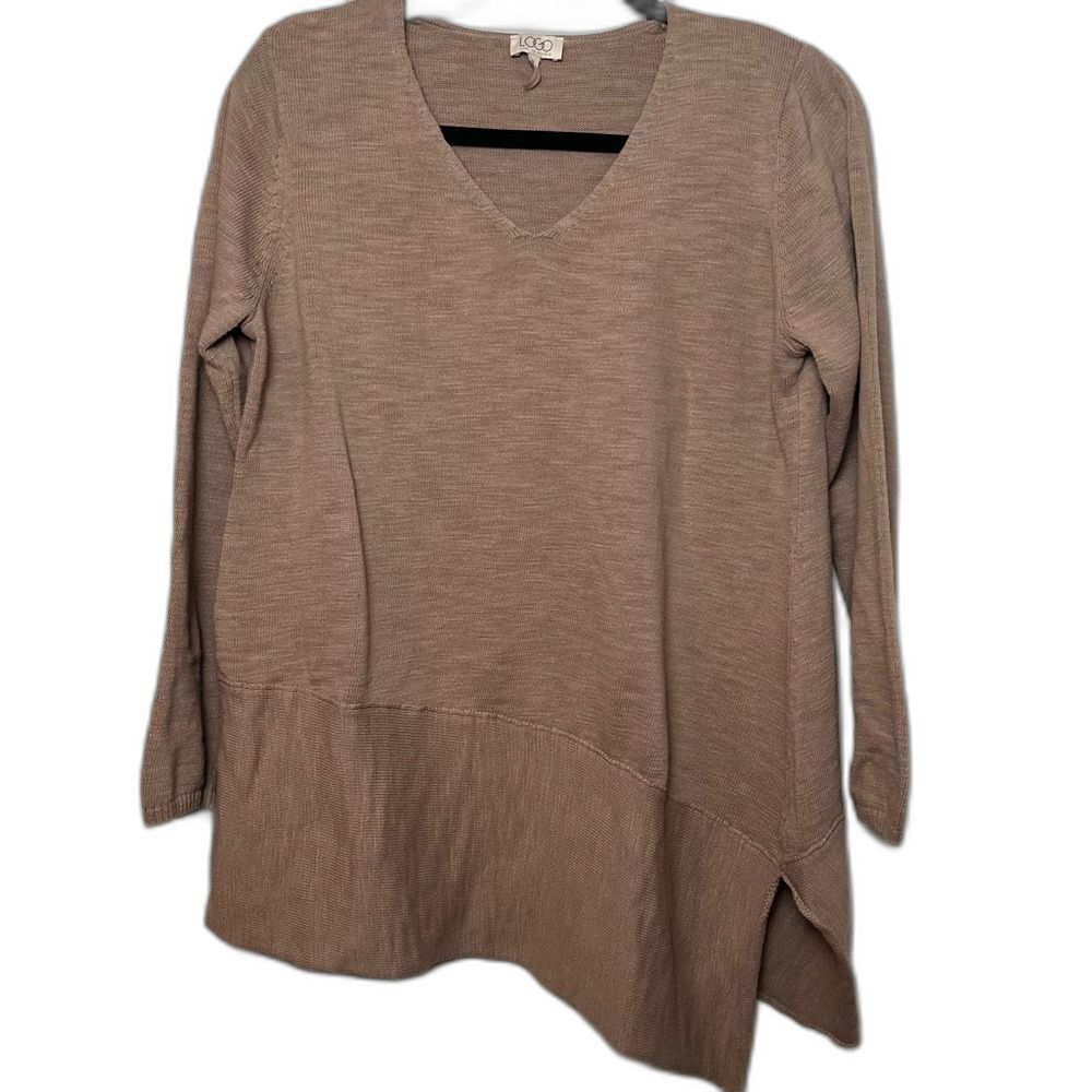 LOGO Lori Goldstein Taupe Knit Tunic Asymmetrical Hem 100% Cotton Size M Artsy